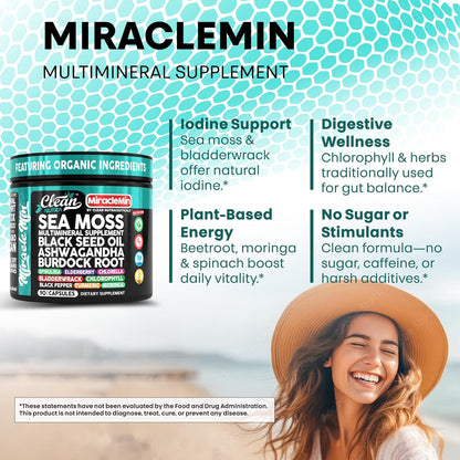 Clean Nutra Organic Sea Moss Capsules with Ashwagandha, Black Seed Oil, Burdock Root, Bladderwrack, Moringa, Chlorella, Spirulina, Turmeric, Elderberry, Amla – 90 Vegan Capsules – Miraclemin
