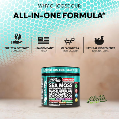 Clean Nutra Organic Sea Moss Capsules with Ashwagandha, Black Seed Oil, Burdock Root, Bladderwrack, Moringa, Chlorella, Spirulina, Turmeric, Elderberry, Amla – 90 Vegan Capsules – Miraclemin
