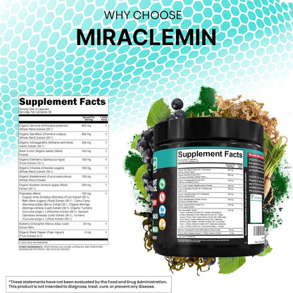Clean Nutra Organic Sea Moss Capsules with Ashwagandha, Black Seed Oil, Burdock Root, Bladderwrack, Moringa, Chlorella, Spirulina, Turmeric, Elderberry, Amla – 90 Vegan Capsules – Miraclemin