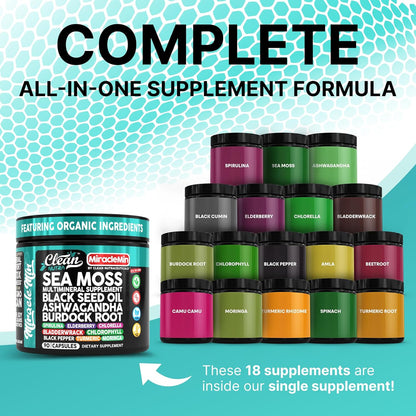 Clean Nutra Organic Sea Moss Capsules with Ashwagandha, Black Seed Oil, Burdock Root, Bladderwrack, Moringa, Chlorella, Spirulina, Turmeric, Elderberry, Amla – 90 Vegan Capsules – Miraclemin