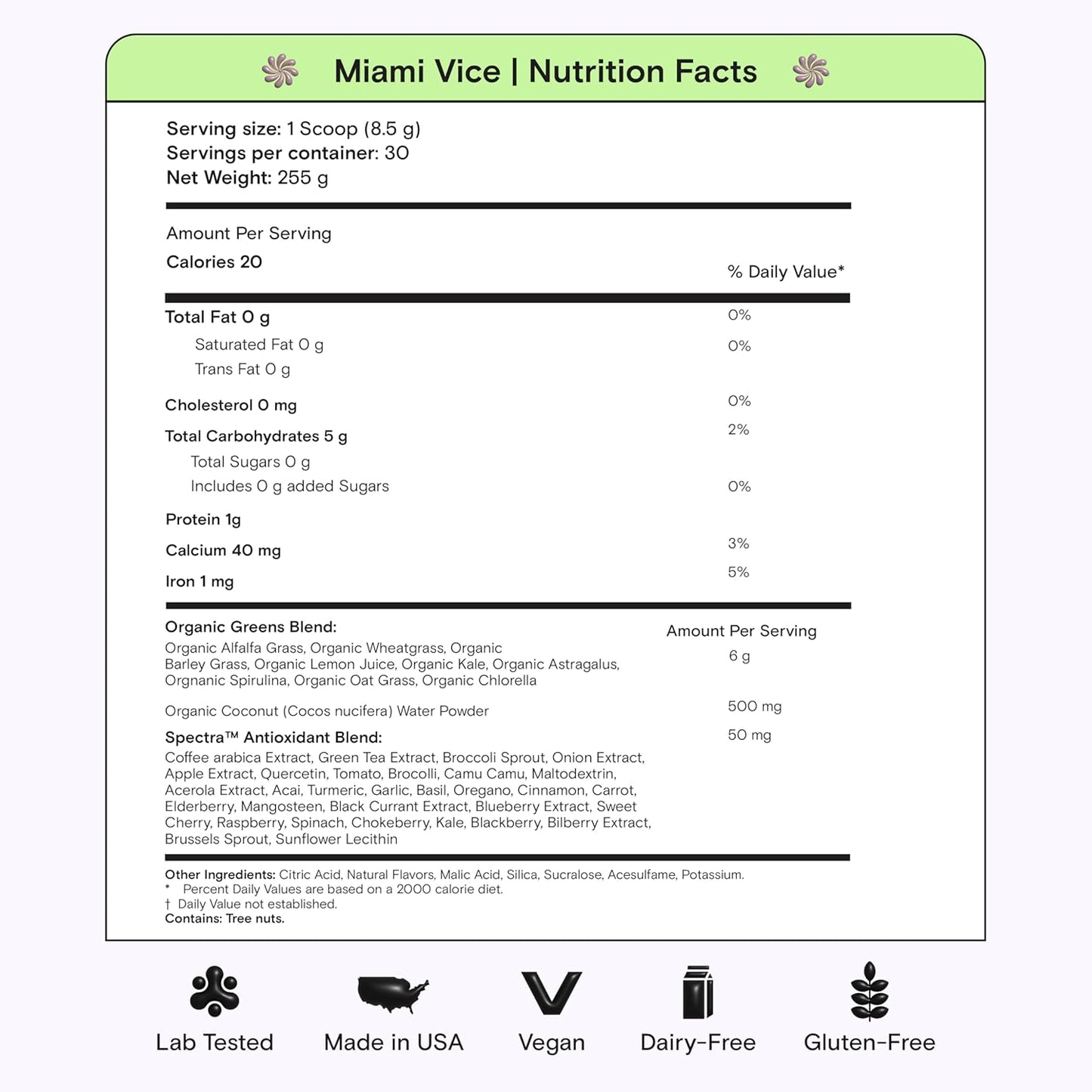 Super Greens, Organic Greens Powder with Spirulina & Chlorella for Digestion, Gut Health, Immunity, Energy, Gluten Free, Vegan, Sugar Free, Spectra Blend, Miami Vice Flavor 30 Servings