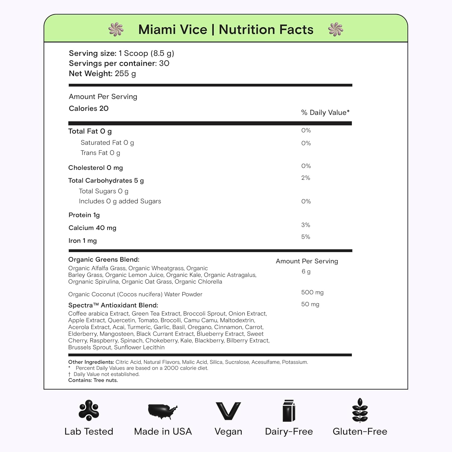 Super Greens, Organic Greens Powder with Spirulina & Chlorella for Digestion, Gut Health, Immunity, Energy, Gluten Free, Vegan, Sugar Free, Spectra Blend, Miami Vice Flavor 30 Servings