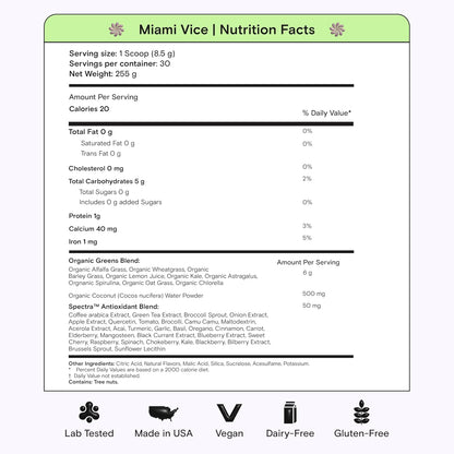 Super Greens, Organic Greens Powder with Spirulina & Chlorella for Digestion, Gut Health, Immunity, Energy, Gluten Free, Vegan, Sugar Free, Spectra Blend, Miami Vice Flavor 30 Servings