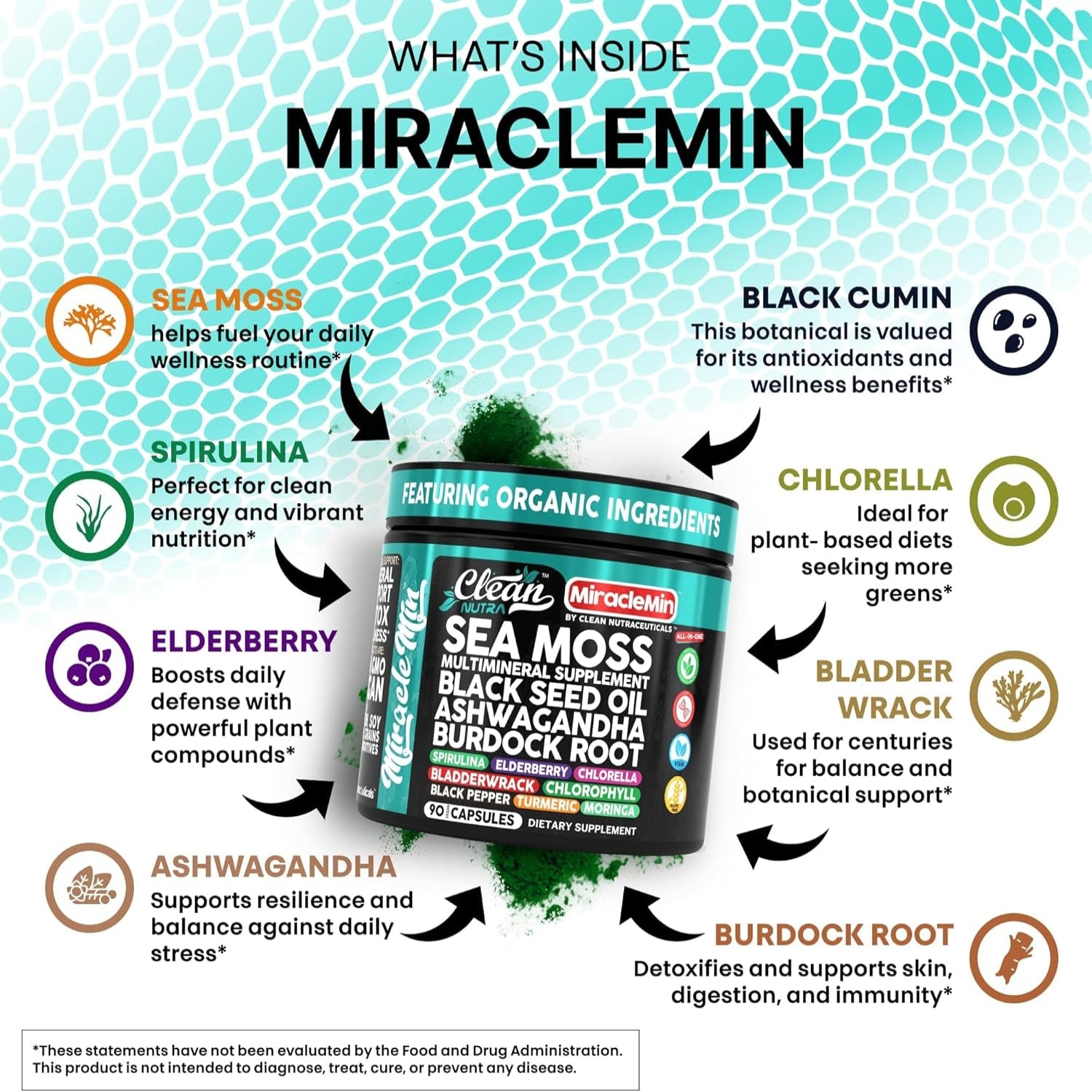 Clean Nutra Organic Sea Moss Capsules with Ashwagandha, Black Seed Oil, Burdock Root, Bladderwrack, Moringa, Chlorella, Spirulina, Turmeric, Elderberry, Amla – 90 Vegan Capsules – Miraclemin