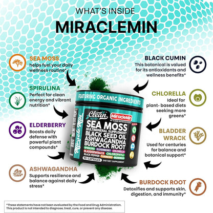 Clean Nutra Organic Sea Moss Capsules with Ashwagandha, Black Seed Oil, Burdock Root, Bladderwrack, Moringa, Chlorella, Spirulina, Turmeric, Elderberry, Amla – 90 Vegan Capsules – Miraclemin